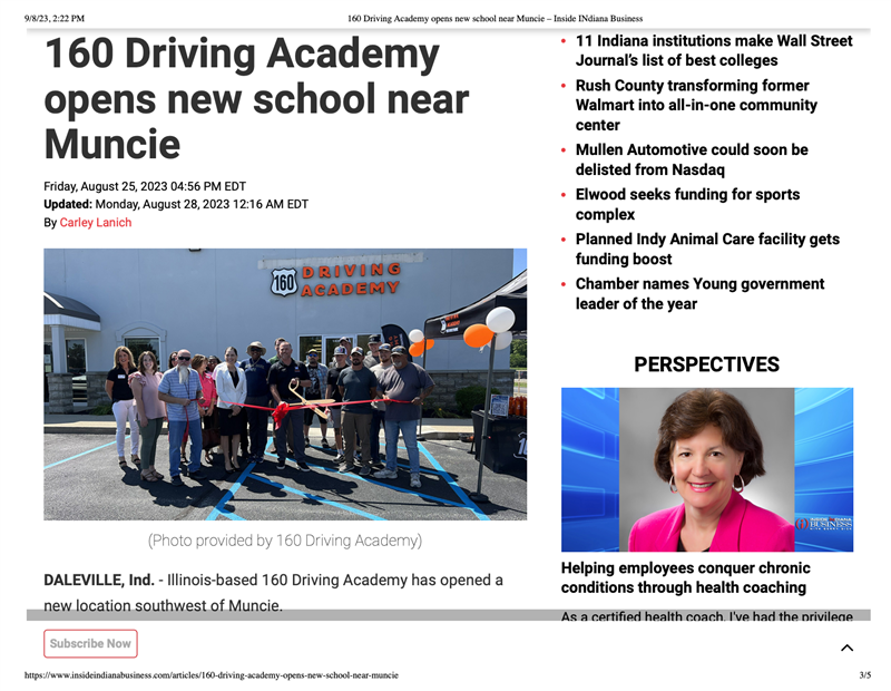 160 Driving Academy Featured in Inside Indiana Business.