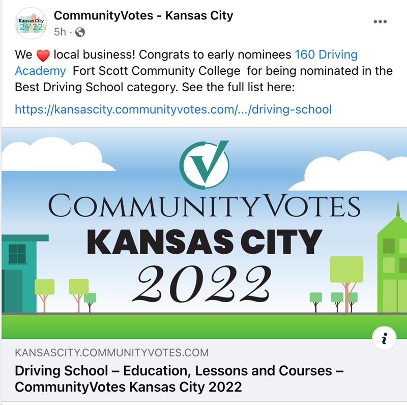 160 Driving Academy's Kansas City Branch Location is Nominated for 2022 Best Driving School