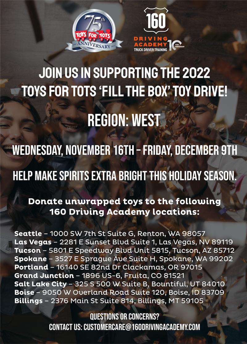160 Driving Academy’s West Region helps support the 2022 Toys for Tots ‘Fill the Box’ Toy Drive.
